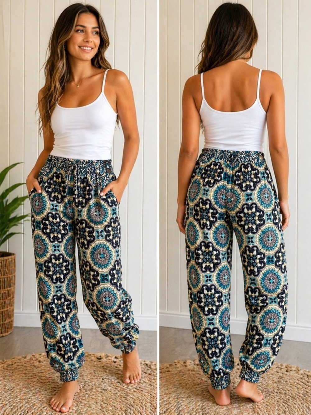 Angie Teal Multi Boho Elastic-Waist Joggers